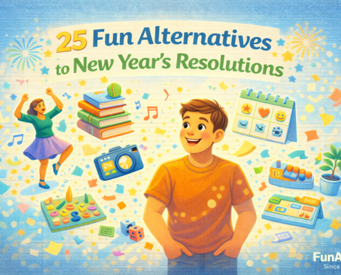 “Bright, playful illustrated blog header showing a cheerful central character smiling in a festive New Year scene. Around them float whimsical alternatives to resolutions, including a person dancing, a stack of colorful books, a camera capturing memories, a board game, a small potted plant, musical notes, and a calendar with fun icons instead of checkmarks. The elements gently orbit the character, suggesting freedom, play, and curiosity. The headline ‘25 Fun Alternatives to New Year’s Resolutions’ appears as part of the design, with subtle branding text ‘FunAttic. Since 1998’ in the bottom-right corner.”