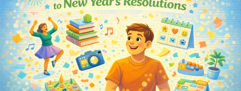 “Bright, playful illustrated blog header showing a cheerful central character smiling in a festive New Year scene. Around them float whimsical alternatives to resolutions, including a person dancing, a stack of colorful books, a camera capturing memories, a board game, a small potted plant, musical notes, and a calendar with fun icons instead of checkmarks. The elements gently orbit the character, suggesting freedom, play, and curiosity. The headline ‘25 Fun Alternatives to New Year’s Resolutions’ appears as part of the design, with subtle branding text ‘FunAttic. Since 1998’ in the bottom-right corner.”