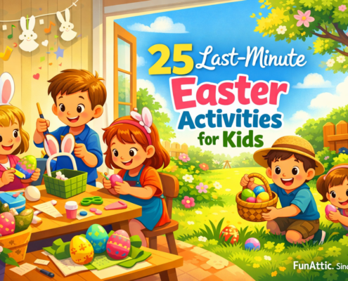 Colorful, cartoon-style illustration of children enjoying Easter activities—painting eggs, crafting, and collecting eggs in a sunny garden. The headline “25 Last-Minute Easter Activities for Kids” appears prominently, with spring flowers, playful bunnies, and bright decorations creating a joyful, festive mood. Subtle branding text “FunAttic. Since 1998” is visible in the bottom-right corner.
