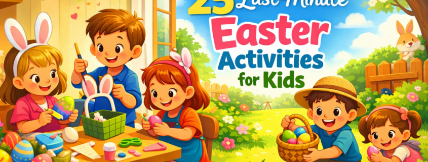 Colorful, cartoon-style illustration of children enjoying Easter activities—painting eggs, crafting, and collecting eggs in a sunny garden. The headline “25 Last-Minute Easter Activities for Kids” appears prominently, with spring flowers, playful bunnies, and bright decorations creating a joyful, festive mood. Subtle branding text “FunAttic. Since 1998” is visible in the bottom-right corner.