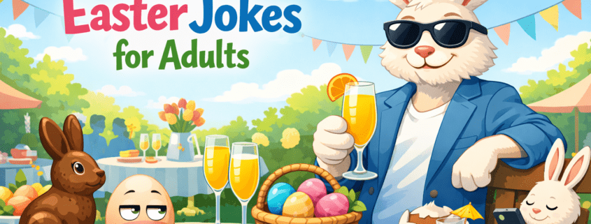 Illustrated Easter blog header showing a stylish adult Easter bunny in sunglasses and a blazer, leaning against a brunch table with colorful Easter eggs, chocolate bunnies, mimosas, and deviled eggs. Subtle visual jokes include an egg rolling its eyes, a cracked egg holding a tiny drink, and a bunny checking its phone. Set in a bright spring garden party scene with pastel colors. Headline reads “250 Easter Jokes for Adults,” with “FunAttic. Since 1998” in the bottom-right corner.