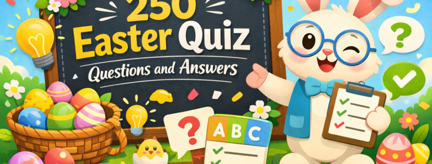 Playful Easter-themed illustration featuring a cheerful cartoon bunny host beside a chalkboard reading “250 Easter Quiz Questions and Answers,” surrounded by colorful Easter eggs, quiz cards, lightbulb icons, spring flowers, and confetti, with “FunAttic. Since 1998” subtly displayed in the bottom-right corner.