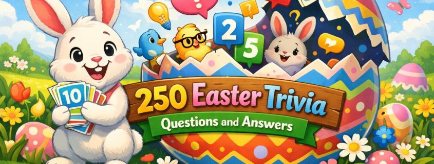 “Playful Easter-themed illustration showing a smiling Easter bunny holding trivia cards beside a large cracked, colorful Easter egg filled with chicks, birds, and floating question and exclamation icons. A wooden banner reads ‘250 Easter Trivia Questions and Answers,’ set in a bright spring landscape with flowers, butterflies, and pastel eggs. Subtle branding text ‘FunAttic. Since 1998’ appears in the bottom-right corner.”