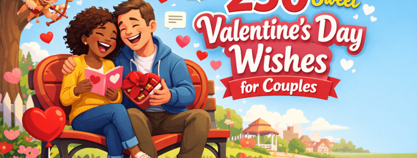 Joyful Valentine’s illustration of a diverse couple laughing on a heart-shaped park bench, holding cards and chocolates, with playful icons floating around, a tiny cupid and balloon details, headline text “250 Sweet Valentine’s Day Wishes for Couples,” and discreet “FunAttic. Since 1998” branding in the corner.
