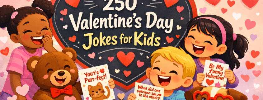 Cheerful Valentine’s Day illustration of diverse kids and cute animals laughing around a large heart-shaped chalkboard that reads “250 Valentine’s Day Jokes for Kids,” with joke cards, heart decorations, and a puppy wearing heart-shaped glasses; bright pinks and reds, playful cartoon style, with “FunAttic. Since 1998” in the bottom-right corner.