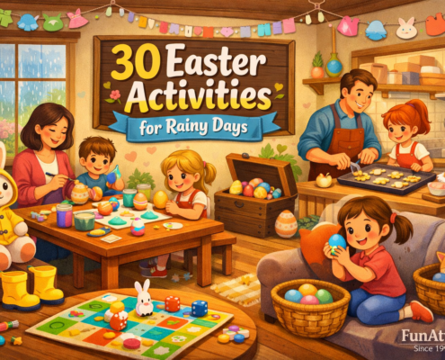 Illustrated blog header showing a cozy indoor scene on a rainy spring day, where families and kids enjoy Easter activities like painting eggs, crafting, baking, and playing games; rain falls outside large windows while colorful eggs and playful details fill the room, with the title “30 Easter Activities for Rainy Days” integrated into the scene and subtle “FunAttic. Since 1998” branding in the bottom-right corner.