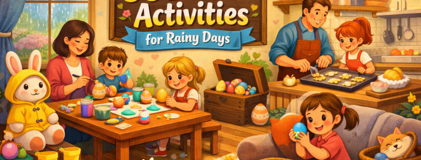 Illustrated blog header showing a cozy indoor scene on a rainy spring day, where families and kids enjoy Easter activities like painting eggs, crafting, baking, and playing games; rain falls outside large windows while colorful eggs and playful details fill the room, with the title “30 Easter Activities for Rainy Days” integrated into the scene and subtle “FunAttic. Since 1998” branding in the bottom-right corner.