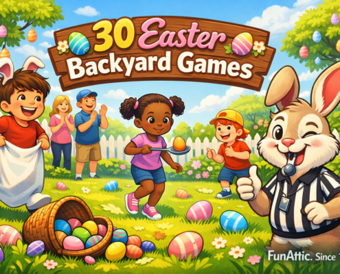Illustrated Easter backyard scene with children playing games like a sack race and egg-on-a-spoon, pastel eggs scattered on green grass, a tipped basket of eggs, and a smiling cartoon bunny referee with a whistle; spring flowers, decorated trees, a white picket fence, and blue sky in the background, with the headline “30 Easter Backyard Games” and small branding text “FunAttic. Since 1998.”
