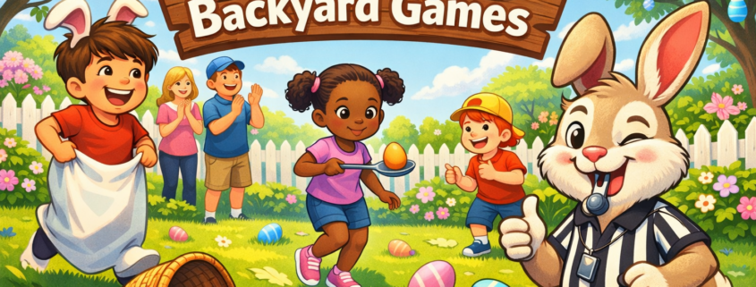Illustrated Easter backyard scene with children playing games like a sack race and egg-on-a-spoon, pastel eggs scattered on green grass, a tipped basket of eggs, and a smiling cartoon bunny referee with a whistle; spring flowers, decorated trees, a white picket fence, and blue sky in the background, with the headline “30 Easter Backyard Games” and small branding text “FunAttic. Since 1998.”