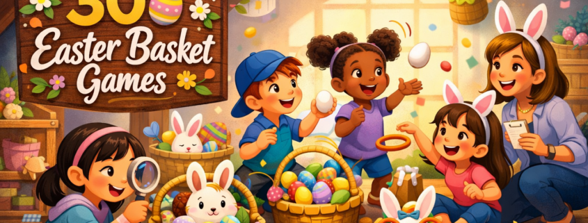Illustrated Easter-themed attic playroom with diverse children and an adult joyfully playing Easter basket games like egg toss and ring toss, surrounded by colorful baskets, candy, and bunny characters; a wooden sign reads “30 Easter Basket Games,” with festive decorations, bright sunlight, and subtle branding text “FunAttic. Since 1998” in the bottom-right corner.