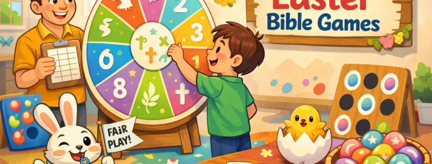 Playful Easter-themed room where a boy spins a pastel game wheel while an adult host watches, a smiling bunny referee waves a “FAIR PLAY!” sign, a chick hatches from an egg near cards and mini-games, and a wall sign reads “30 Easter Bible Games,” with “FunAttic. Since 1998” in the bottom-right.