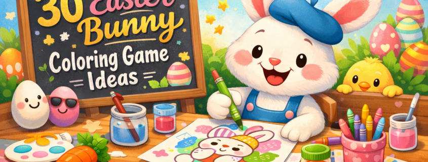 Playful Easter-themed illustration of a smiling Easter bunny wearing a blue beret and overalls, happily coloring a bunny picture at a craft table filled with crayons, paint jars, and carrots, while a yellow chick peeks over the table; a chalkboard beside them reads “30 Easter Bunny Coloring Game Ideas,” with colorful eggs, spring decorations, and the subtle branding text “FunAttic. Since 1998” in the bottom-right corner.