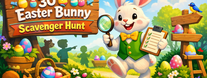 Illustration of a cheerful Easter Bunny holding a magnifying glass and a checklist, leading a colorful scavenger hunt in a sunny spring park, with hidden pastel Easter eggs, playful woodland animals, and a wooden sign reading “30 Easter Bunny Scavenger Hunt,” plus subtle “FunAttic. Since 1998” branding in the bottom-right corner.