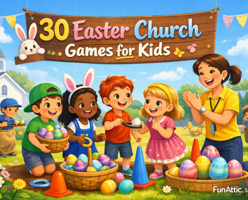 Illustration of smiling children playing Easter-themed church games outdoors under a banner reading “30 Easter Church Games for Kids,” with colorful eggs, cones, baskets, spring flowers, and a cheerful adult leader, set against a sunny churchyard backdrop with festive decorations and “FunAttic. Since 1998” branding in the corner.