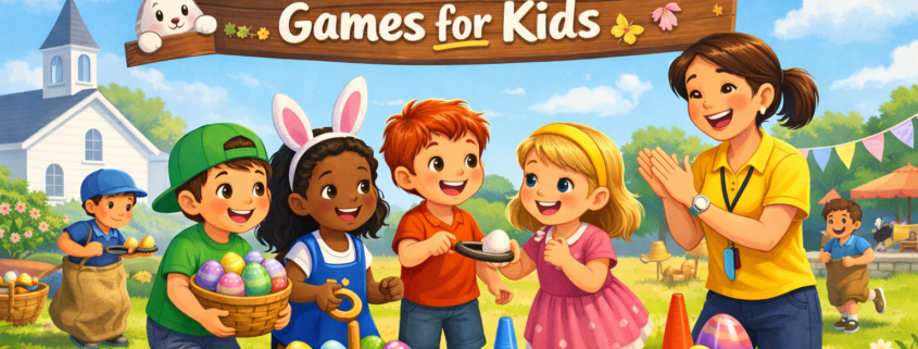 Illustration of smiling children playing Easter-themed church games outdoors under a banner reading “30 Easter Church Games for Kids,” with colorful eggs, cones, baskets, spring flowers, and a cheerful adult leader, set against a sunny churchyard backdrop with festive decorations and “FunAttic. Since 1998” branding in the corner.