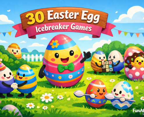 A bright, playful illustration of colorful Easter eggs on a sunny green lawn, with oversized decorated eggs interacting in fun icebreaker moments like shaking hands, wearing party hats, and popping confetti, centered around a large host egg. The title “30 Easter Egg Icebreaker Games” appears integrated into the scene, with clear blue sky providing open space, and subtle branding text “FunAttic. Since 1998” in the bottom-right corner.