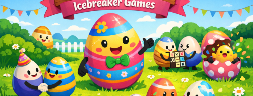 A bright, playful illustration of colorful Easter eggs on a sunny green lawn, with oversized decorated eggs interacting in fun icebreaker moments like shaking hands, wearing party hats, and popping confetti, centered around a large host egg. The title “30 Easter Egg Icebreaker Games” appears integrated into the scene, with clear blue sky providing open space, and subtle branding text “FunAttic. Since 1998” in the bottom-right corner.