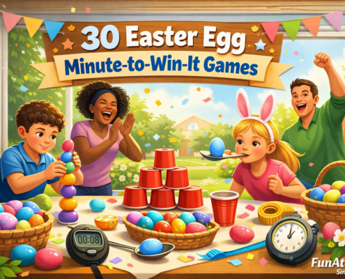 Illustration of a joyful Easter party scene with adults and children playing minute-to-win-it games using colorful Easter eggs. A table is filled with baskets of eggs, cups stacked into a pyramid, stopwatches, and spoons. One child stacks eggs, another balances an egg on a spoon, while adults cheer in celebration. A festive banner reads “30 Easter Egg Minute-to-Win-It Games,” confetti floats in the air, spring greenery is visible outside, and subtle branding “FunAttic. Since 1998” appears in the bottom-right corner.