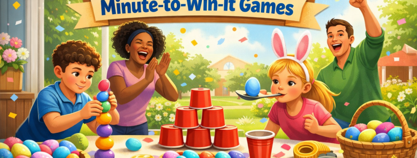 Illustration of a joyful Easter party scene with adults and children playing minute-to-win-it games using colorful Easter eggs. A table is filled with baskets of eggs, cups stacked into a pyramid, stopwatches, and spoons. One child stacks eggs, another balances an egg on a spoon, while adults cheer in celebration. A festive banner reads “30 Easter Egg Minute-to-Win-It Games,” confetti floats in the air, spring greenery is visible outside, and subtle branding “FunAttic. Since 1998” appears in the bottom-right corner.