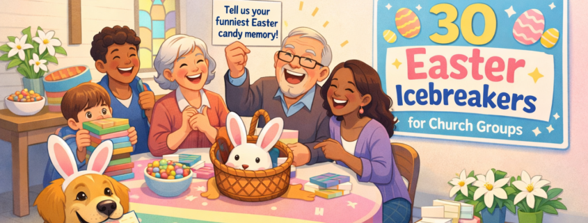 A bright, playful Easter-themed illustration in a church fellowship hall shows a diverse group laughing around a pastel egg-patterned table while pulling icebreaker cards from a bunny basket; a golden retriever in bunny ears holds a card in its mouth, and a large poster on the wall reads “30 Easter Icebreakers for Church Groups,” with “FunAttic. Since 1998” in the bottom-right corner.
