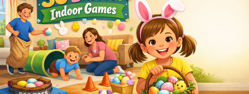 “Bright, playful illustration of a cozy living room set up for Easter indoor games, with smiling kids and adults playing with colorful eggs, baskets, balloons, and pastel decorations; a central character holds an Easter basket, a banner reads ‘30 Easter Indoor Games,’ and subtle branding ‘FunAttic. Since 1998’ appears in the bottom-right corner.”