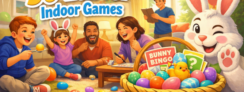 Illustration of a happy family playing Easter indoor games in a bright living room, with colorful eggs, board games, and a cheerful Easter bunny beside a basket, titled “30 Easter Indoor Games.”