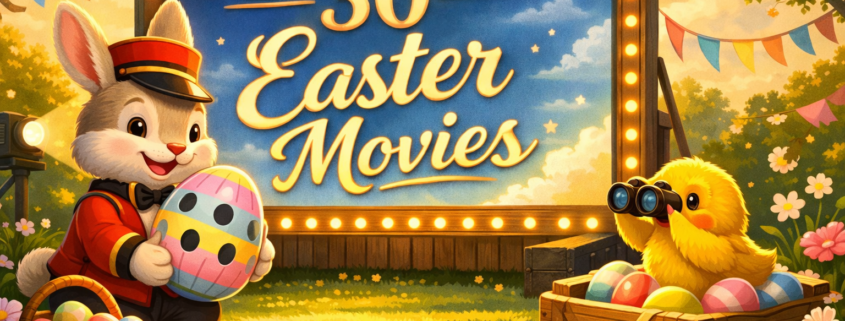 Playful Easter-themed illustration of an outdoor movie night: a smiling bunny dressed as a vintage movie usher holds a pastel Easter egg while a fluffy yellow chick looks through binoculars beside baskets of colorful eggs, all facing a glowing marquee that reads “30 Easter Movies” in a sunny spring park, with flowers, bunting, and the branding “FunAttic. Since 1998” in the bottom-right corner.