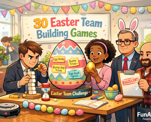 A bright, playful illustration of coworkers in an office Easter game area gathered around an “Easter Team Challenge” table, featuring a giant decorated egg scoreboard with sticky notes for games like Egg Relay and Bunny Hop Trivia, a marshmallow tower being built, pastel bunting overhead, and the title “30 Easter Team Building Games” on a sign in the background, with subtle “FunAttic. Since 1998” branding in the bottom-right corner.