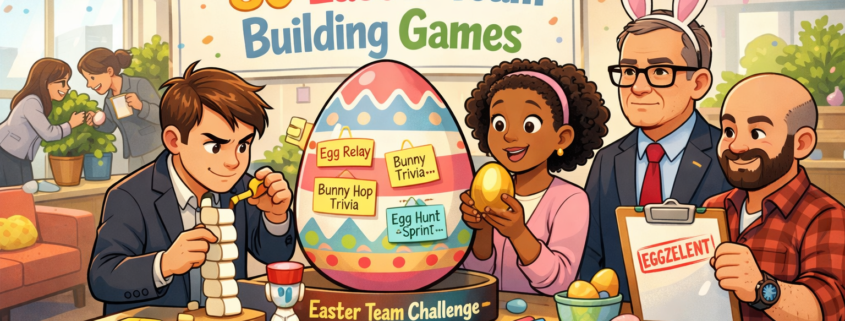 A bright, playful illustration of coworkers in an office Easter game area gathered around an “Easter Team Challenge” table, featuring a giant decorated egg scoreboard with sticky notes for games like Egg Relay and Bunny Hop Trivia, a marshmallow tower being built, pastel bunting overhead, and the title “30 Easter Team Building Games” on a sign in the background, with subtle “FunAttic. Since 1998” branding in the bottom-right corner.