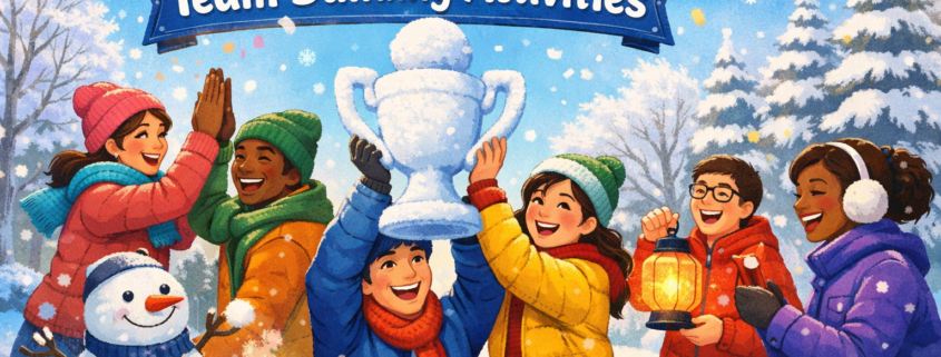 Illustration of a diverse team of coworkers enjoying winter team-building activities outdoors, smiling and celebrating together as two colleagues lift a snow-sculpted trophy beneath a banner reading “30 January Team Building Activities,” with playful details like a snowman wearing a lanyard, a “Team Spirit” mug, falling snowflakes, and subtle “FunAttic. Since 1998” branding in the bottom-right corner.
