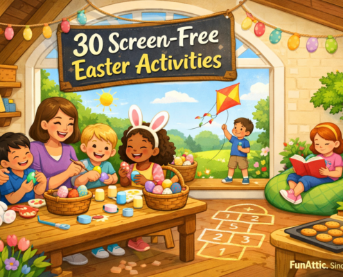 “Bright, playful illustration of a family enjoying screen-free Easter activities in a cozy attic playroom—kids decorating colorful eggs at a table, a child flying a kite outside a sunny window, another reading on a beanbag, with baskets, hopscotch, baked treats, and spring decorations. A banner reads ‘30 Screen-Free Easter Activities,’ with subtle ‘FunAttic. Since 1998’ branding in the corner.”