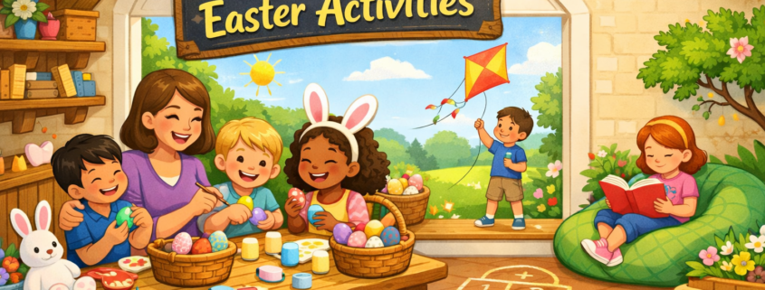 “Bright, playful illustration of a family enjoying screen-free Easter activities in a cozy attic playroom—kids decorating colorful eggs at a table, a child flying a kite outside a sunny window, another reading on a beanbag, with baskets, hopscotch, baked treats, and spring decorations. A banner reads ‘30 Screen-Free Easter Activities,’ with subtle ‘FunAttic. Since 1998’ branding in the corner.”