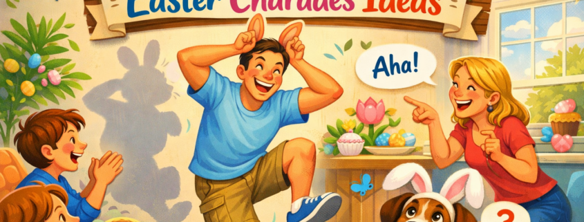 Playful Easter-themed illustration showing a family playing charades in a bright living room, with one person hopping like a bunny while others laugh and guess. Colorful Easter eggs, festive decorations, and a dog wearing bunny ears add humor. A banner reads “300 Easter Charades Ideas,” with subtle “FunAttic. Since 1998” branding in the bottom-right corner.