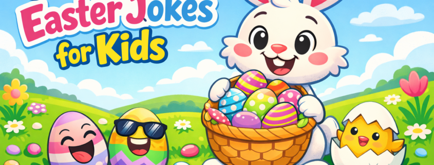 **Alt text:** “Bright, playful Easter illustration showing a smiling cartoon bunny holding a basket full of colorful decorated eggs on green grass. Nearby are silly-faced Easter eggs, a chick peeking out of a cracked egg, pastel candies, and spring flowers under a blue sky with soft clouds. The headline reads ‘300 Easter Jokes for Kids,’ with subtle branding text ‘FunAttic. Since 1998’ in the corner.”