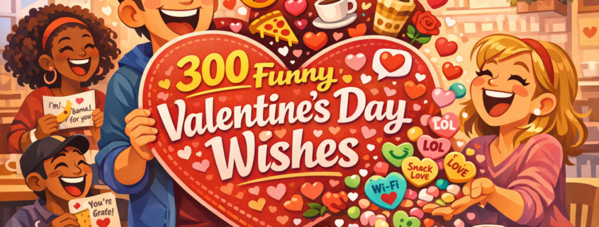 Playful, high-resolution Valentine’s Day illustration in a cozy café setting, featuring diverse cartoon characters laughing and exchanging oversized Valentine cards. One character holds a giant heart-shaped card reading “300 Funny Valentine’s Day Wishes,” bursting with emojis, jokes, coffee cups, pizza, and hearts, while another spills candy hearts labeled “LOL,” “Snack Love,” and “Wi-Fi ❤️.” Warm reds, pinks, and corals dominate the scene, with a cheerful, modern style and the subtle branding text “FunAttic. Since 1998” in the bottom-right corner.