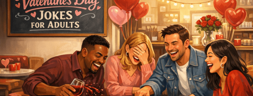 A diverse group of four stylish adults laugh around a small café table decorated for Valentine’s Day, reacting to a joke card as one spills wine and another facepalms; heart balloons, roses, chocolates, and string lights fill the cozy modern space, with a chalkboard reading “300 Valentine’s Day Jokes for Adults” and subtle branding “FunAttic. Since 1998” in the corner.