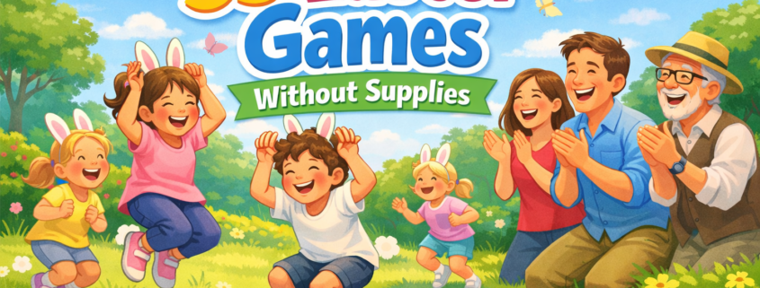 Joyful illustrated family playing Easter games outdoors, with kids hopping like bunnies and adults cheering, colorful spring scenery, and the title “35 Easter Games Without Supplies” displayed prominently.