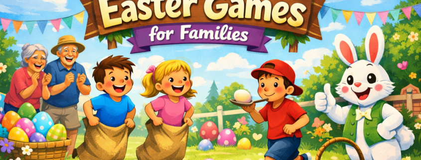 Illustration of a joyful Easter family celebration with kids playing sack races and an egg-and-spoon game, colorful eggs scattered on grass, a cheering Easter bunny, and a banner reading “35 Easter Games for Families,” with FunAttic branding.