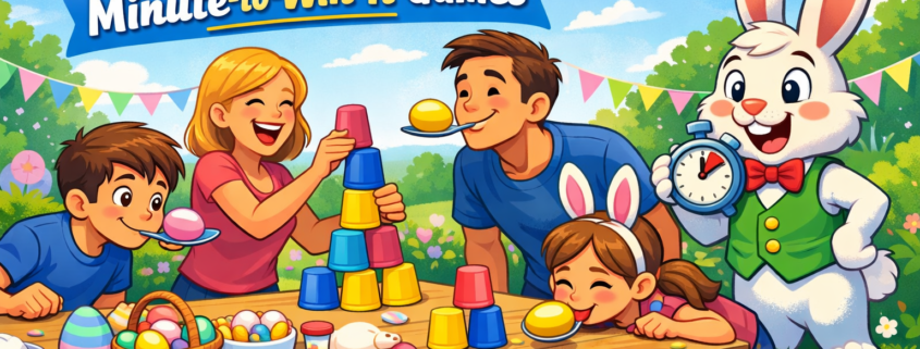 Illustrated Easter family playing Minute-to-Win-It games outdoors with colorful eggs, stacked cups, smiling kids and adults, and a cheerful bunny holding a stopwatch.