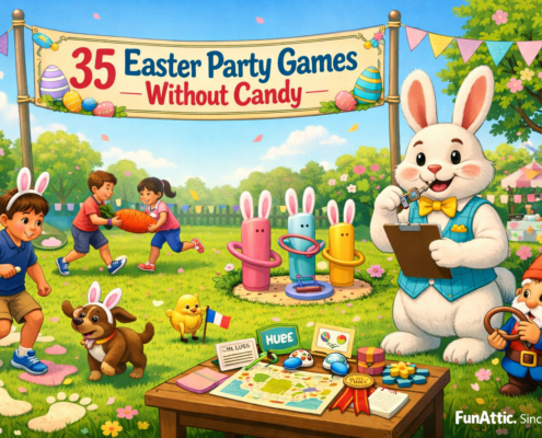 FunAttic-style illustration of a sunny backyard Easter party with a big banner reading “35 Easter Party Games Without Candy.” A friendly bunny host with a clipboard cheers on kids playing candy-free games like an egg-and-spoon race, carrot relay, and ring toss, while a pup in bunny ears and a tiny chick referee add playful humor. A prize-and-clue table sits in the foreground, spring flowers and pastel bunting decorate the scene, and “FunAttic. Since 1998” appears in the bottom-right corner.