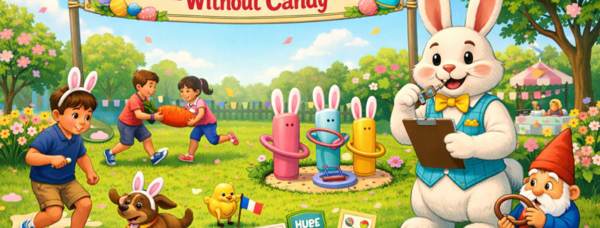 FunAttic-style illustration of a sunny backyard Easter party with a big banner reading “35 Easter Party Games Without Candy.” A friendly bunny host with a clipboard cheers on kids playing candy-free games like an egg-and-spoon race, carrot relay, and ring toss, while a pup in bunny ears and a tiny chick referee add playful humor. A prize-and-clue table sits in the foreground, spring flowers and pastel bunting decorate the scene, and “FunAttic. Since 1998” appears in the bottom-right corner.