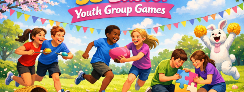 Illustration of teens playing Easter youth group games in a sunny spring field, with colorful eggs, bunting, and a cheering bunny mascot; the title “35 Easter Youth Group Games” appears above, and “FunAttic. Since 1998” is shown in the bottom-right corner.