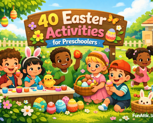 A bright, playful Easter illustration shows several kids at home doing Easter activities—painting colorful eggs, setting up an indoor egg hunt, crafting bunny ears, and holding a basket of decorated eggs—while a friendly dog in bunny ears watches. A chalkboard-style banner reads “50 Easter Activities for Kids at Home,” with festive spring decorations and a sunny backyard in the background. The FunAttic. Since 1998 logo appears in the bottom-right corner.