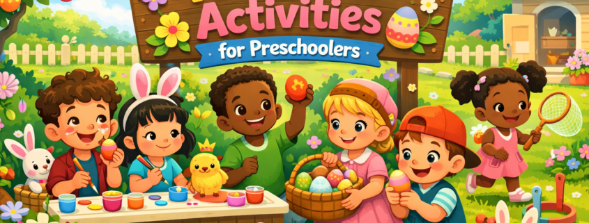 A bright, playful Easter illustration shows several kids at home doing Easter activities—painting colorful eggs, setting up an indoor egg hunt, crafting bunny ears, and holding a basket of decorated eggs—while a friendly dog in bunny ears watches. A chalkboard-style banner reads “50 Easter Activities for Kids at Home,” with festive spring decorations and a sunny backyard in the background. The FunAttic. Since 1998 logo appears in the bottom-right corner.