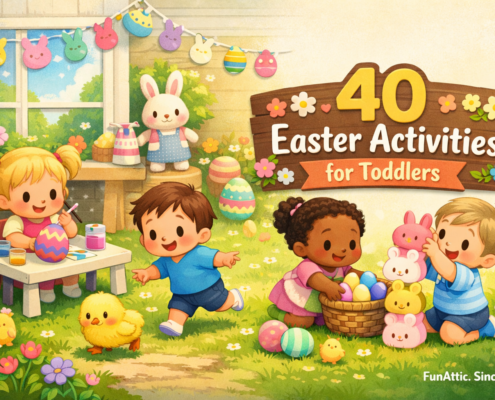 Illustrated Easter scene with four toddlers happily painting eggs, chasing a yellow chick, filling a basket with colorful Easter eggs, and stacking bunny toys in a bright spring playroom garden. A wooden sign reads “40 Easter Activities for Toddlers,” with pastel decorations, flowers, and Easter garlands, and subtle branding text “FunAttic. Since 1998” in the bottom-right corner.