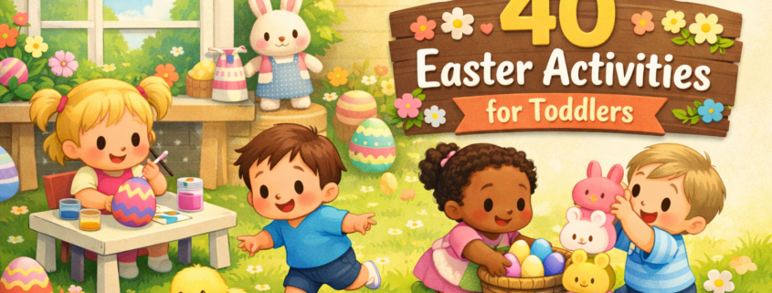 Illustrated Easter scene with four toddlers happily painting eggs, chasing a yellow chick, filling a basket with colorful Easter eggs, and stacking bunny toys in a bright spring playroom garden. A wooden sign reads “40 Easter Activities for Toddlers,” with pastel decorations, flowers, and Easter garlands, and subtle branding text “FunAttic. Since 1998” in the bottom-right corner.