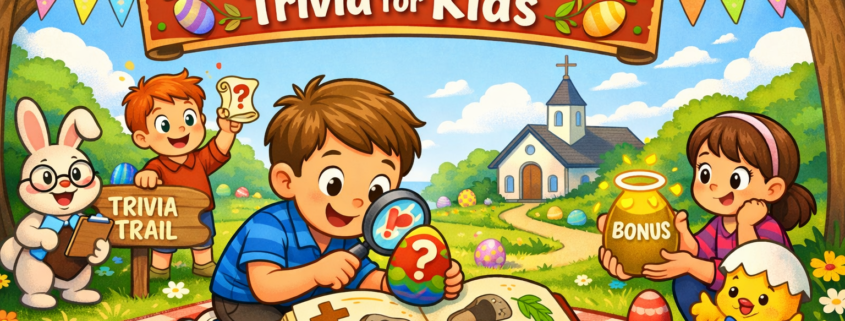 “Playful cartoon scene of kids doing an Easter Bible trivia egg hunt in a sunny churchyard. A boy examines a question-mark egg with a magnifying glass beside an open Bible on a picnic blanket, while a bunny quizmaster holds a clipboard and other kids show a scroll and a glowing BONUS egg. A banner reads ‘40 Easter Bible Trivia for Kids,’ and ‘FunAttic. Since 1998’ appears in the bottom-right.”