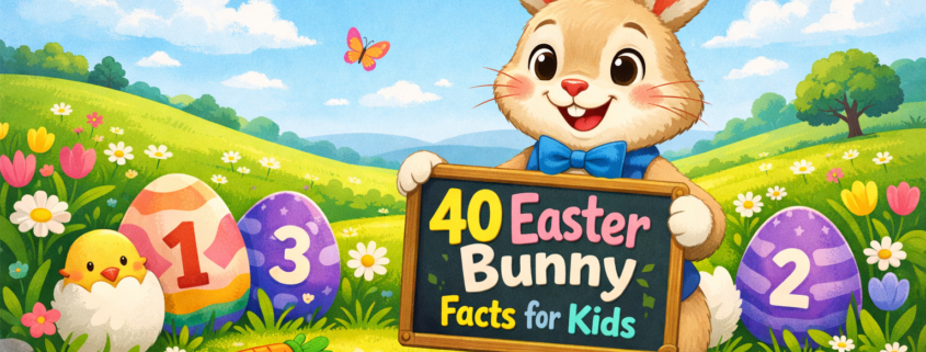 Cheerful Easter Bunny in a sunny spring meadow holding a chalkboard that reads “40 Easter Bunny Facts for Kids,” surrounded by colorful Easter eggs, a peeking chick, flowers, and learning-themed details, with FunAttic branding in the bottom-right corner.