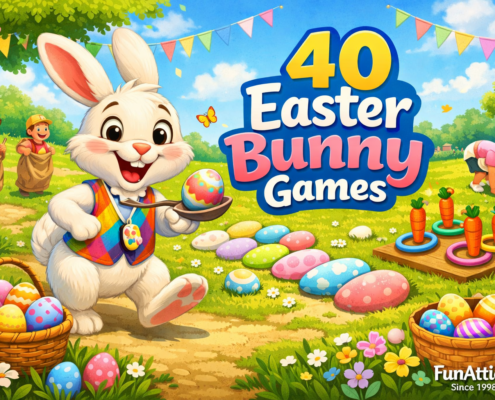 Illustration of a cheerful Easter Bunny hosting colorful outdoor games in a sunny spring park, with children racing in sacks, decorated eggs for hopscotch, carrot ring toss, and baskets of Easter eggs, featuring the title “40 Easter Bunny Games” and subtle branding text “FunAttic. Since 1998” in the corner.