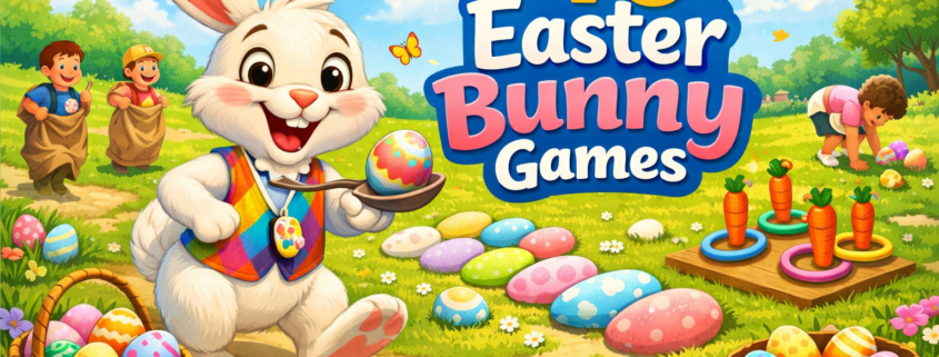 Illustration of a cheerful Easter Bunny hosting colorful outdoor games in a sunny spring park, with children racing in sacks, decorated eggs for hopscotch, carrot ring toss, and baskets of Easter eggs, featuring the title “40 Easter Bunny Games” and subtle branding text “FunAttic. Since 1998” in the corner.
